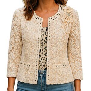 Alberto Makali Cream Lace Beaded Jacket Embellished Lined 3/4 Sleeve M